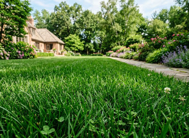 Green grass lawn with flower beds, stone path, and a brick house