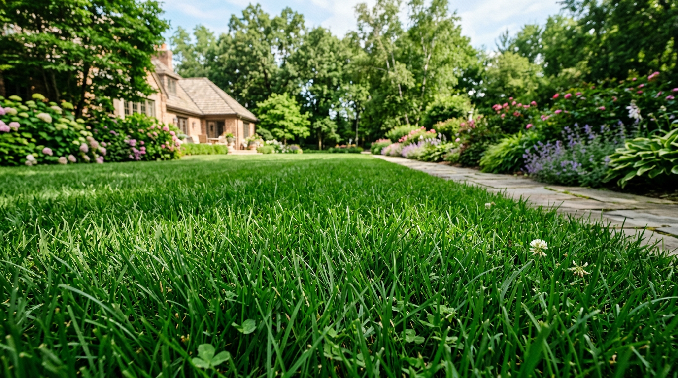 Green grass lawn with flower beds, stone path, and a brick house